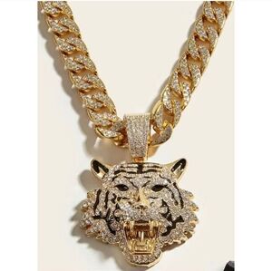 Iced Out Full Rhinestone Jumbo Tiger Head Pendant & Cuban Chain Necklace